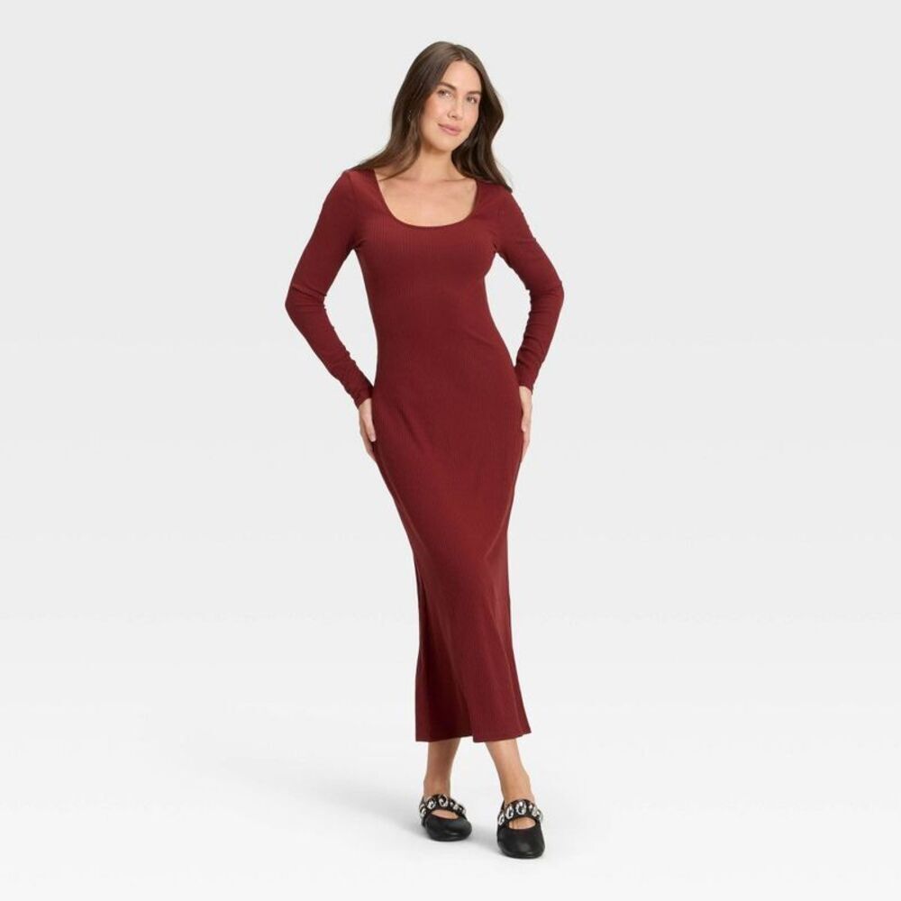 Women's Long Sleeve Rib-Knit Maxi Dress - A New Day Maroon L
